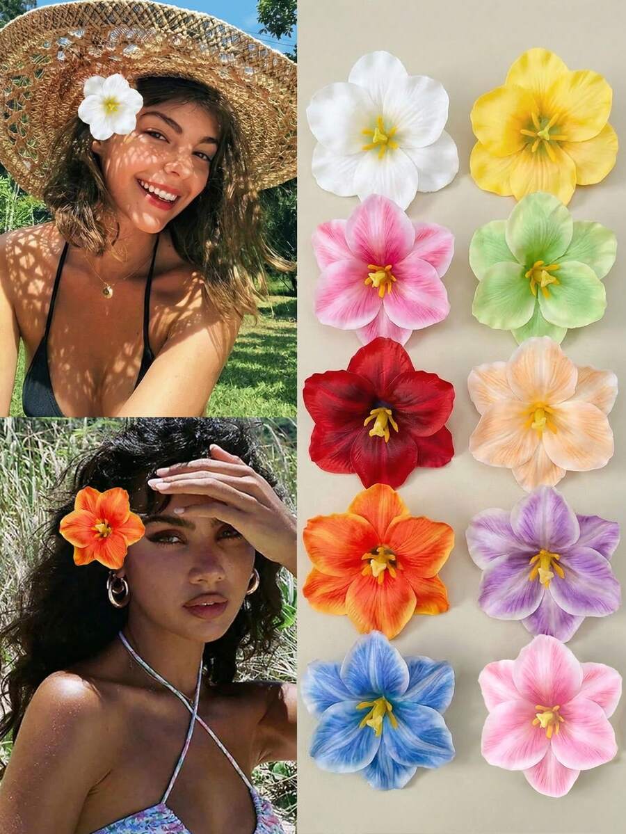 10个/套 夏季人造羽毛花发夹，多色丝绸花鳄鱼夹，适合女性和女孩，夏威夷草裙舞派对配饰，沙滩婚礼花朵发夹，逼真防滑发饰，包含10种颜色