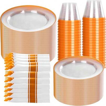 SUT 350Pcs Orange And Clear Plastic Dinnerware Set For 50 Guests, Include: 50 Dinner Plate, 50 Dessert Plates, 50 Pre Rolled Napkins With Silverware, 50 Cups, Disposable Plates For Party