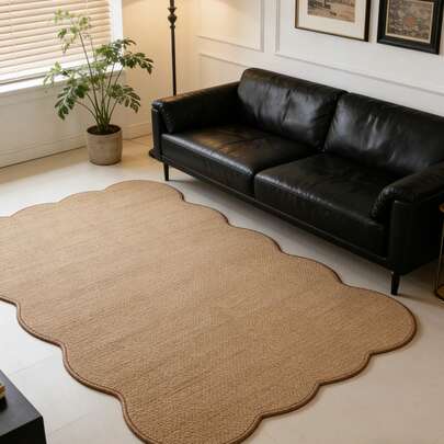 1pc Camel Color Faux Jute Wavy Edge Decorative Carpet, Atmosphere Rug, Multiple Sizes Available, Housewarming Gift, Holiday Gift, Suitable For Foyer, Living Room, Dining Room, Bedroom, Bathroom, Study, Laundry Room, Balcony Decoration, Minimalist And Elegant, Durable, All Season, Washable, Non-Slip, Can Be Used As Bedroom Rug, Kitchen Rug, Study Rug, Living Room Rug, Bathroom Rug, Dining Room Rug, Bedside Rug, Room Decor, Home Decor.