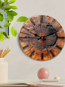 1pc 10"/12" 2D Flat Vintage Wooden Clock With Tree Rings Pattern - Round Wooden Wall Decor With Classic English Numbers, Suitable For Home Decor, Retro Style Wall Clock - B - View 6
