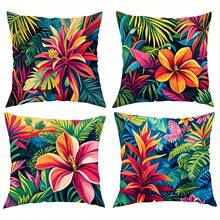 4件套热带撞色花卉抱枕套，复古雨林绿植物图案靠垫套，波西米亚风客厅沙发装饰抱枕，涤纶单面印花，拉链封口，可机洗，不含枕芯 - 彩色 - 查看 8