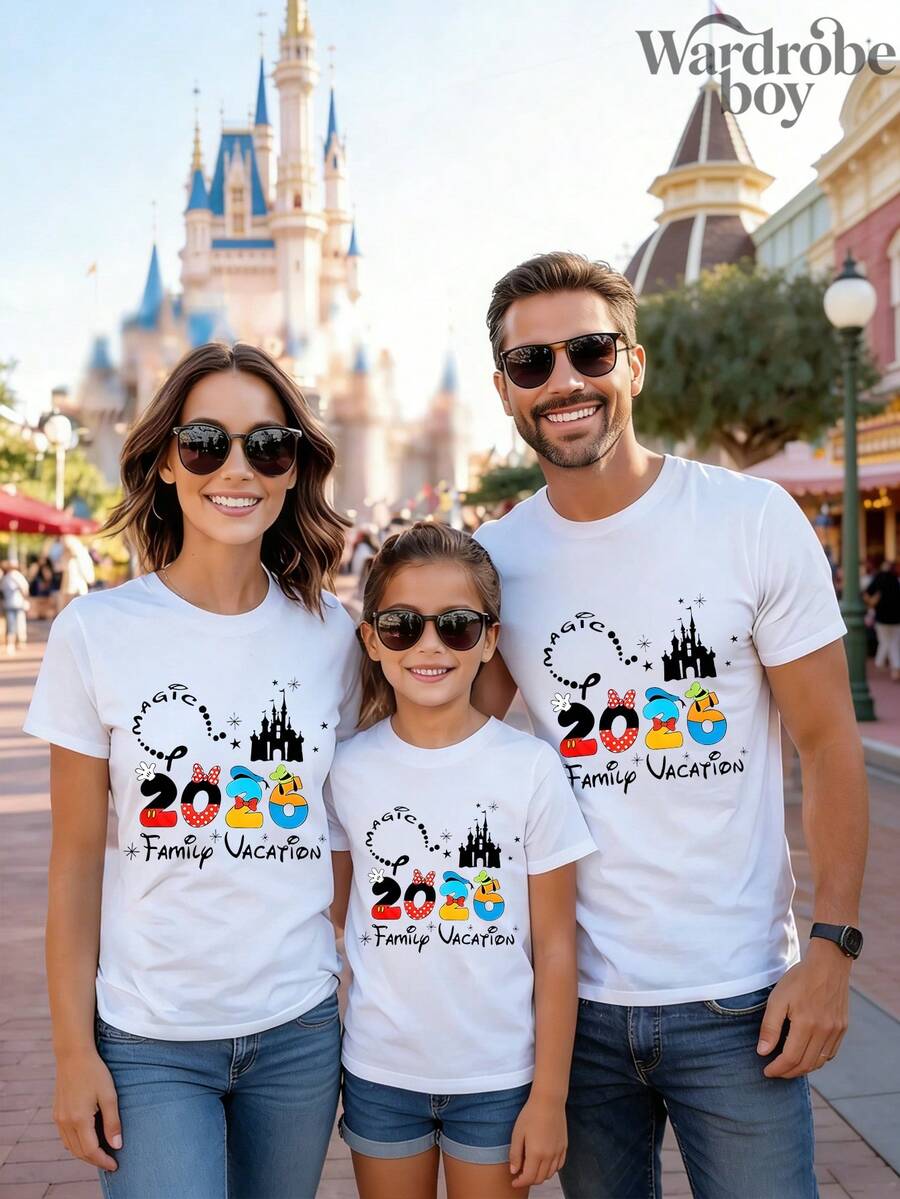 Disney 1PC Authorized Short Sleeved Printed T-Shirt, Cartoon Patterned Short Sleeved Family Printed T-Shirt, Perfect For Family Outings And Vacations. This Is A New 2026 Short Sleeved T-Shirt, An Ideal Choice For Mother's Day, Suitable For Both Men And Women. Made Of High-Quality Pure Cotton, Comfortable And Breathable All Year Round. Exquisite Design Is The Preferred Gift - 女士 - 查看 1
