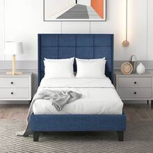 Upholstered Bed With Its Upholstered Headboard, Single Bed With Slatted Base, 90x200cm, In Blue Linen, Medium Firm (With Spring Mattress) - Blue - View 3