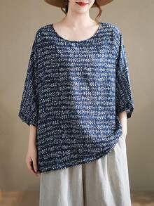 Plus Size Ladies' Holiday Outing Loose Blue Top Pullover, Casual Daily Wear, Batwing Sleeve Short Sleeved Round Neck Regular Edition Shirt, Versatile Regular Length Vacation Summer - Royal Blue - View 6