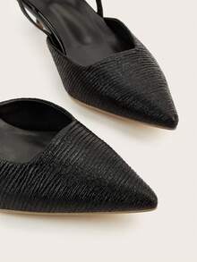 Women's Black Pleated Textured Pointed Toe Kitten Heel Sandals, Elegant Ankle Strap Open Toe High Heels For Commuting, Party, Daily Wear - Black - View 4