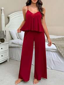 2 piezas Conjunto de lencería sexy para mujer, camiseta sin mangas de unicolor con tirantes ajustables emparejada con shorts cómodos y elásticos, conjunto de ropa de dormir con encaje, elegante y refinado, adecuado para fiestas, regalo del Día de San Valentín - Burdeos - Ver 5