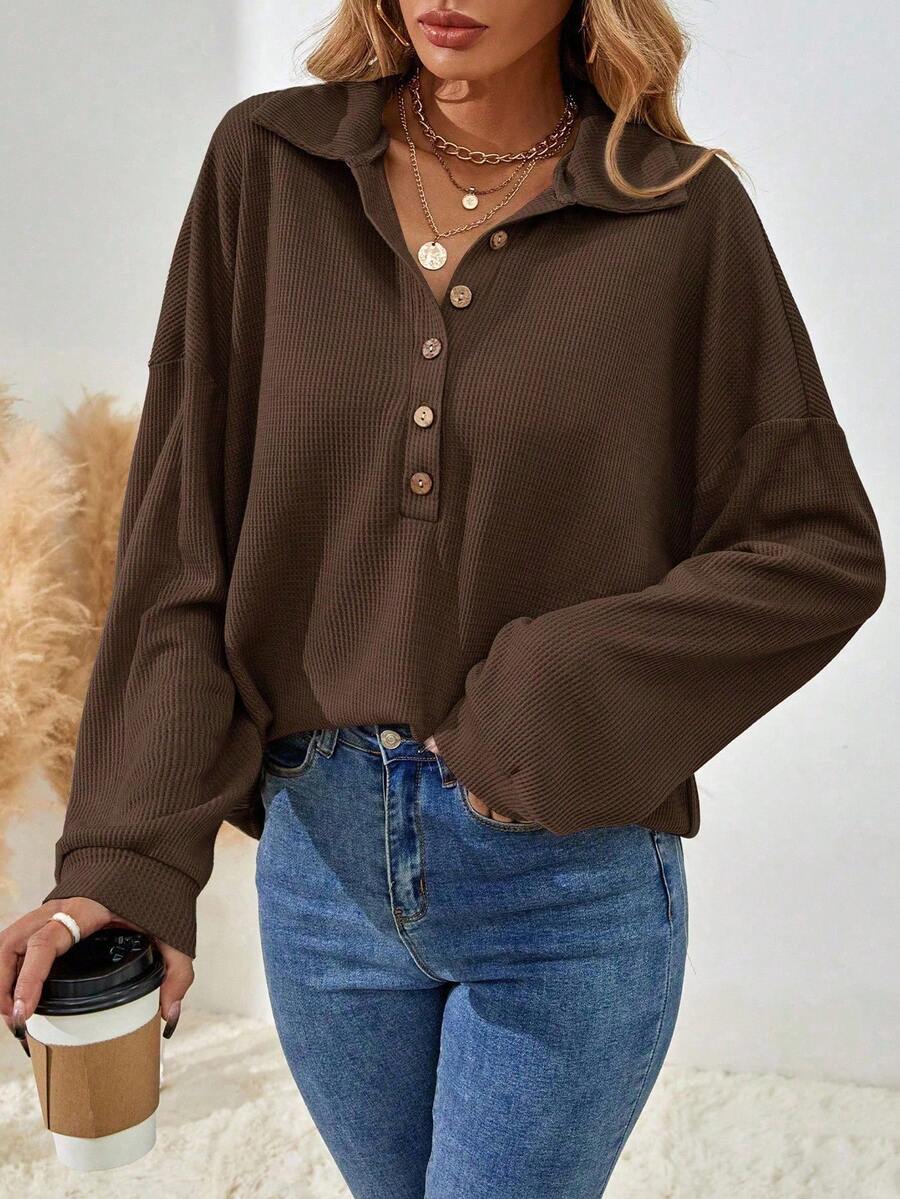 Women's Solid Color Drop Shoulder Long Sleeve Button Half Placket Casual Loose T-Shirt, Spring,Workout Tops,Summer Tops,Summer Outfits For Women,Summer Clothes,Beachwear,Vacation Outfits Women,Vacation Essentials - 棕色 - 查看 1