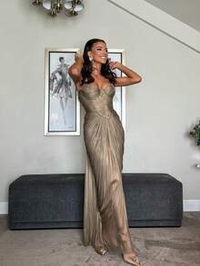 Women's Dress 2026 New Style Pleated Gold-Stamped Ribbon Dress - Suitable For Casual Gatherings, With A Slit Design, Women's Formal Evening Gown - 金色 - 查看 2