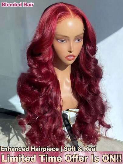 200% 密度 34 英寸水波纹 13x4 蕾丝前假发，逼真发际线 - 预剪透明高清免胶蕾丝前假发，带婴儿发 - #99J BUG 酒红色，预拔毛巴西原生水波纹人发混纺假发 - 即戴即用，自然波浪卷真发，预漂白中分假发，免胶前假发，混纺人发假发，免胶编织假发，女士日常佩戴混纺假发