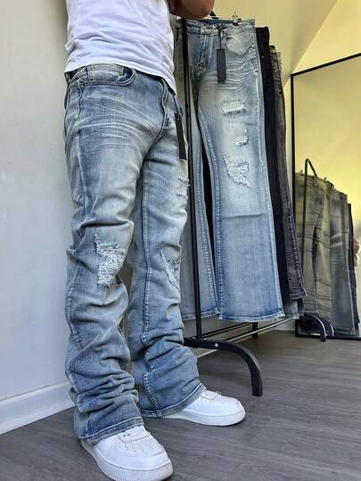 Men's Denim Jeans Flared Leg Jeans, Slim Fit Distressed Flare Leg Jeans, Y2K Stacked Jeans, Seasonal Wear