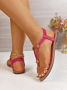 Fuchsia Thong Sandals, Thin Strap Flat Slides, Suitable For Beach, Daily, Commute, Casual Wear - Rose Red - View 5