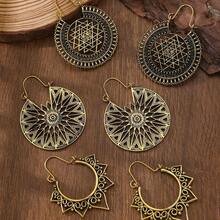 3/4 Pairs Of Fashionable New Vintage Distressed Western-Style Bohemian Hollow Floral Geometric Line Earring Sets Suitable For Women's Daily Wear - 金黃色2 - 查看 12