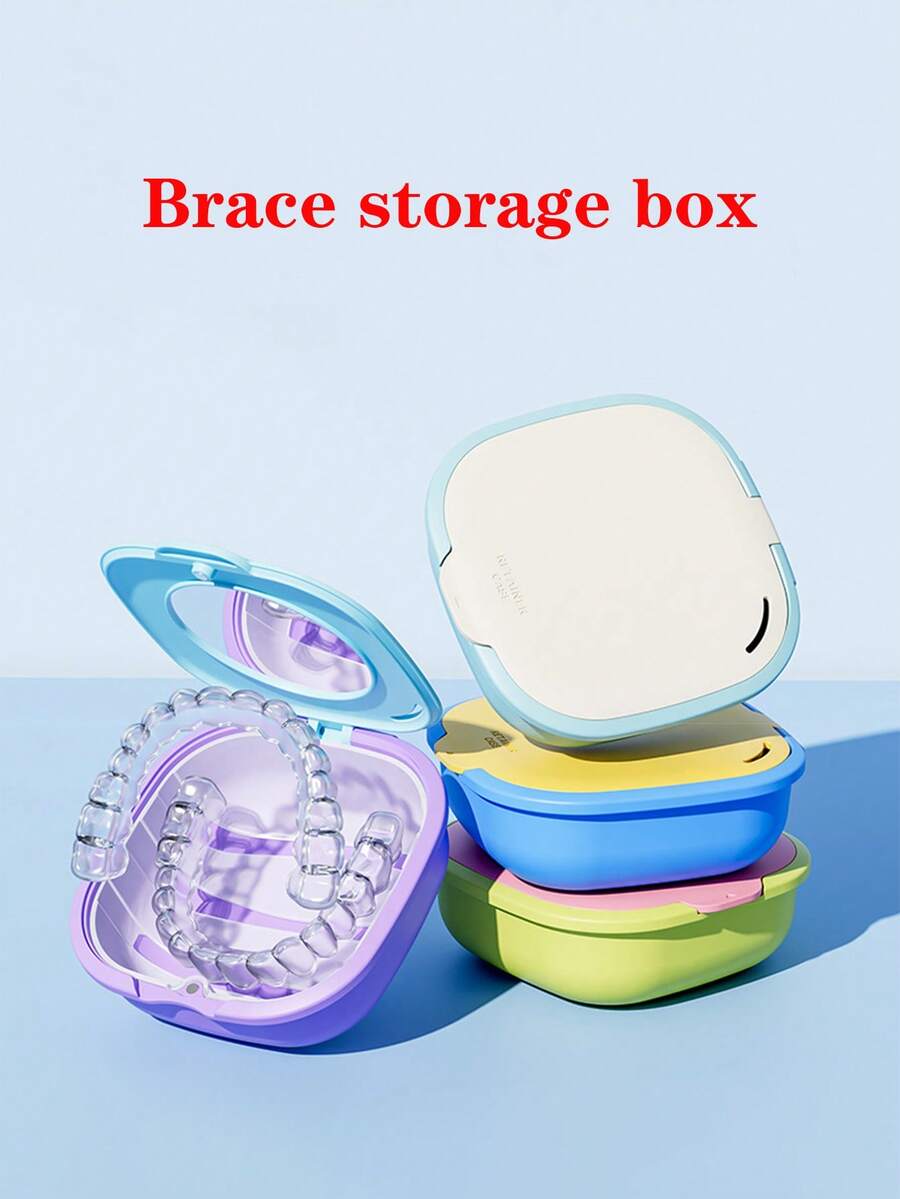 Vibrant Dopamine Orthodontic Retainer Storage Box With Mirror And Drainage Basket, Portable Compact Storage Case, Multi-Functional Travel Denture And Invisible Aligner Holder, Available In 4 Colors (Yellow, Blue, Purple, Pink), Oral Care Accessory, Retainer Cleaner, Fashion Accessory, Transparent Lid Design