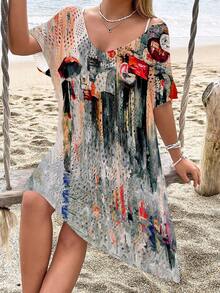 女士沙滩罩衫，时尚休闲镂空印花泳衣罩衫（不含泳衣） - 彩色 - 查看 5