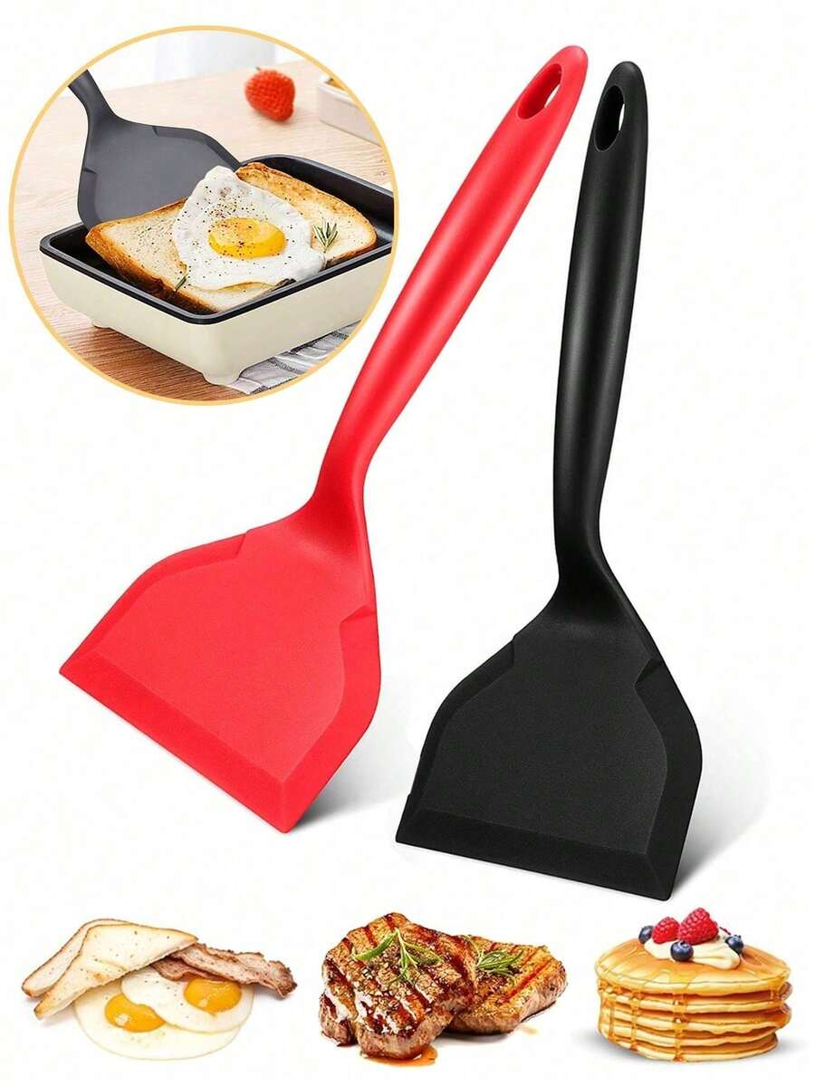2/1Pack Silicone Spatula Turner, Heat Resistant Non-Stick Kitchen Cooking Utensils For Eggs, Pancakes, Burgers, Red & Black