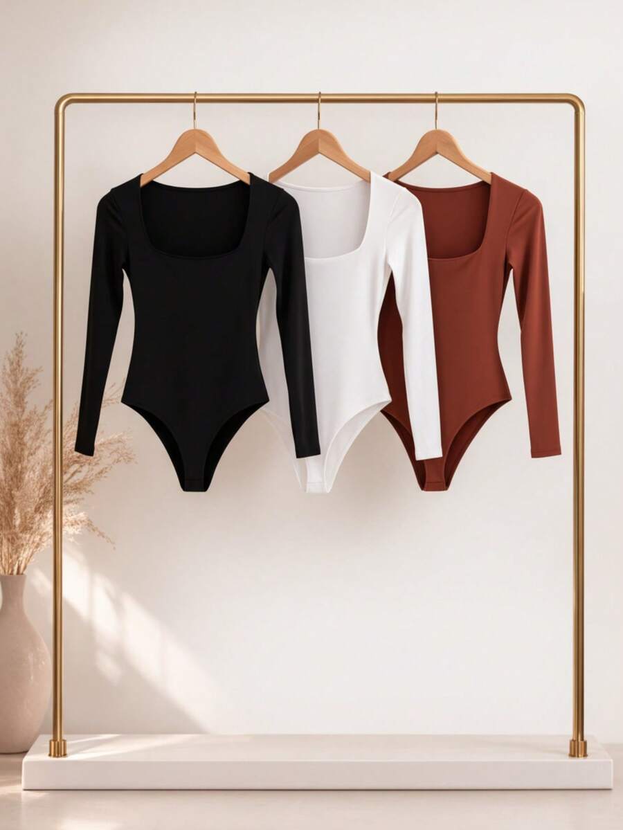 Kit 1, 3 Bodysuits, Women's Shaping Bodysuit, Second Skin Style, Square Neckline, Long Sleeves, Basic, High Fashion, Versatile, Elegant, Blogger Style - 黑白可可 - 查看 1