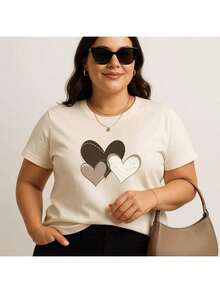 Camiseta Plus Size Feminina Estampada Coração Marrom 100% Algodão Premium Verão Academia Treino Blusa Camisa - Branco - Visão 2