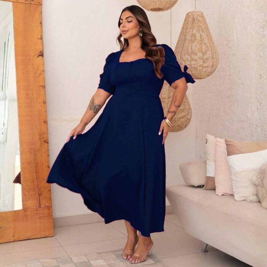 Evangelical Linen Dress Plus Size Christian Fashion Elegant Comfortable Party Bridesmaid Wedding Graduation Civil Casual Social - 藏蓝色 - 查看 1