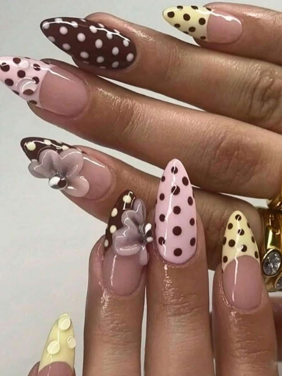 10片装手工3D波点、棕色、秋季、3D花朵美甲贴纸，适合女性和女孩日常佩戴 - 棕色 - 查看 1