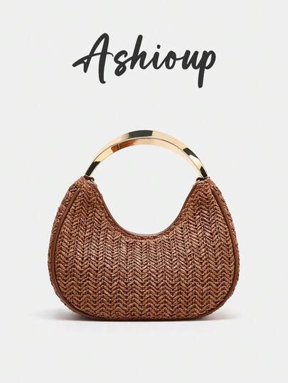 Brown Fashionable Woven Handbag, Elegant Ladies Handbag With Metal Handle, Women's Wallet, Essential For Summer Beach Travel, Mini Bag, Woven Bag Body, Zipper Interior Pocket, With Handle And Detachable Gold Chain Shoulder Strap, Zipper Closure, Woven Summer Crossbody Bag, Fashionable Shoulder Bag For Holiday, Beach, Business Commute, Casual, Minimalist, Beach, Vacation Essential