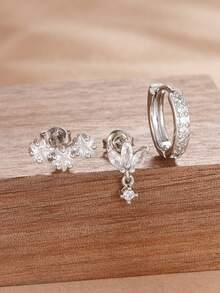 3pcs Set Luxury Star Zirconia Hoop Earrings, Punk Style Earrings For Women - 3PCS-sILVER-3# - View 5