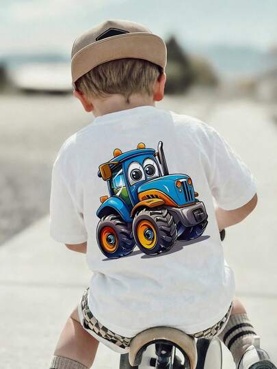 1pc Toddler Boys' Cartoon Tractor Print Short Sleeve T-Shirt, Children Loose Casual Round Neck Top, Fashionable Transportation Theme Kids Clothing