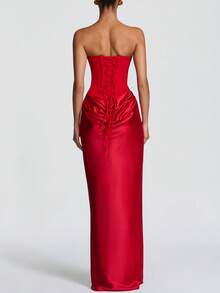 情人节 Maggie 女士性感无肩带修身长裙，夏季垂褶长款连衣裙，红色系带露背优雅生日晚宴鸡尾酒会礼服 - 紅色 - 查看 11