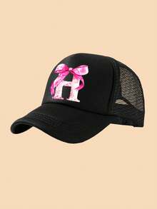 1pc White Truck Driver Mesh Cap, A-Z Bow Letter Print Baseball Cap, Adjustable Size Suitable For 3-8Y Boys & Girls, Suitable For Kids Back To School - Black - View 18