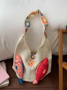 1. 休闲度假风大容量鱼形单肩包；女士钩编波西米亚风单肩包，非常适合海滩、度假和日常使用 - 白色 - 查看 2