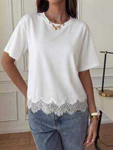Vintage French Casual Lace Patchwork Round Neck Ruffle Loose Everyday Commute Date Party Vacation Women T-Shirt, Spring/Summer White - White - View 2