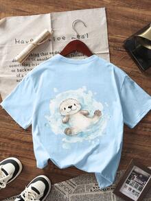 1pc Tween Girl Printed Short Sleeve T-Shirt, Student Youth Clothing, Summer Gift For Kids - Baby Blue - View 3