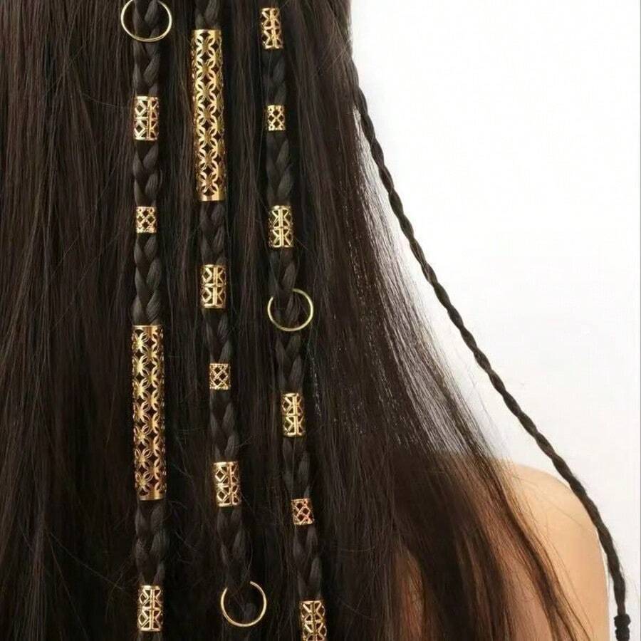 Hollow Pattern Hair Braid Clips Set, Gold Tone Hair Cuffs And Circle Rings, Boho Dreadlock Accessories For Braiding Hairstyles,Summer,Holiday,Travel - Gold - View 1