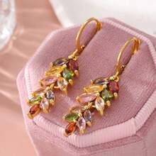 1 Pair Vintage & Luxurious Colorful Cubic Zirconia Wheat Ear Rings, Suitable For Party And Wedding, Perfect Romantic Gift For Her - Gold - View 4