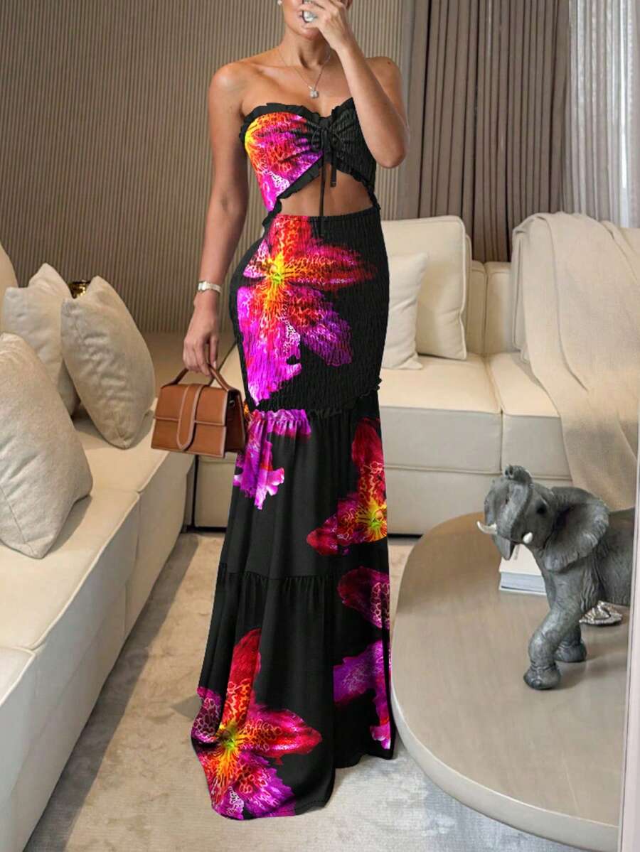 ChicMe 热带植物印花女士长款抹胸连衣裙，褶皱腰身美人鱼裙摆，优雅度假派对夏季连衣裙