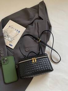 1 件装时尚潮流女士斜挎包，纯色简约方形手提包，盒形设计，PU 皮革编织纹理，拉链封口，可调节肩带，休闲日常包，适合年轻女性——旅行、工作、购物、约会、女士礼物、办公 - 黑色 - 查看 7