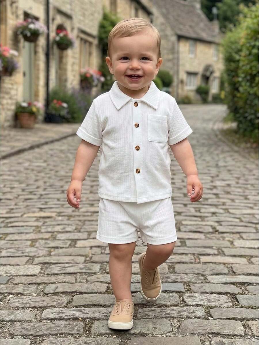 2Pcs Baby Boy Summer Outfits Short Sleeve Pocket Button Down Shirt + Shorts Set Toddler Clothes - 白色 - 查看 1