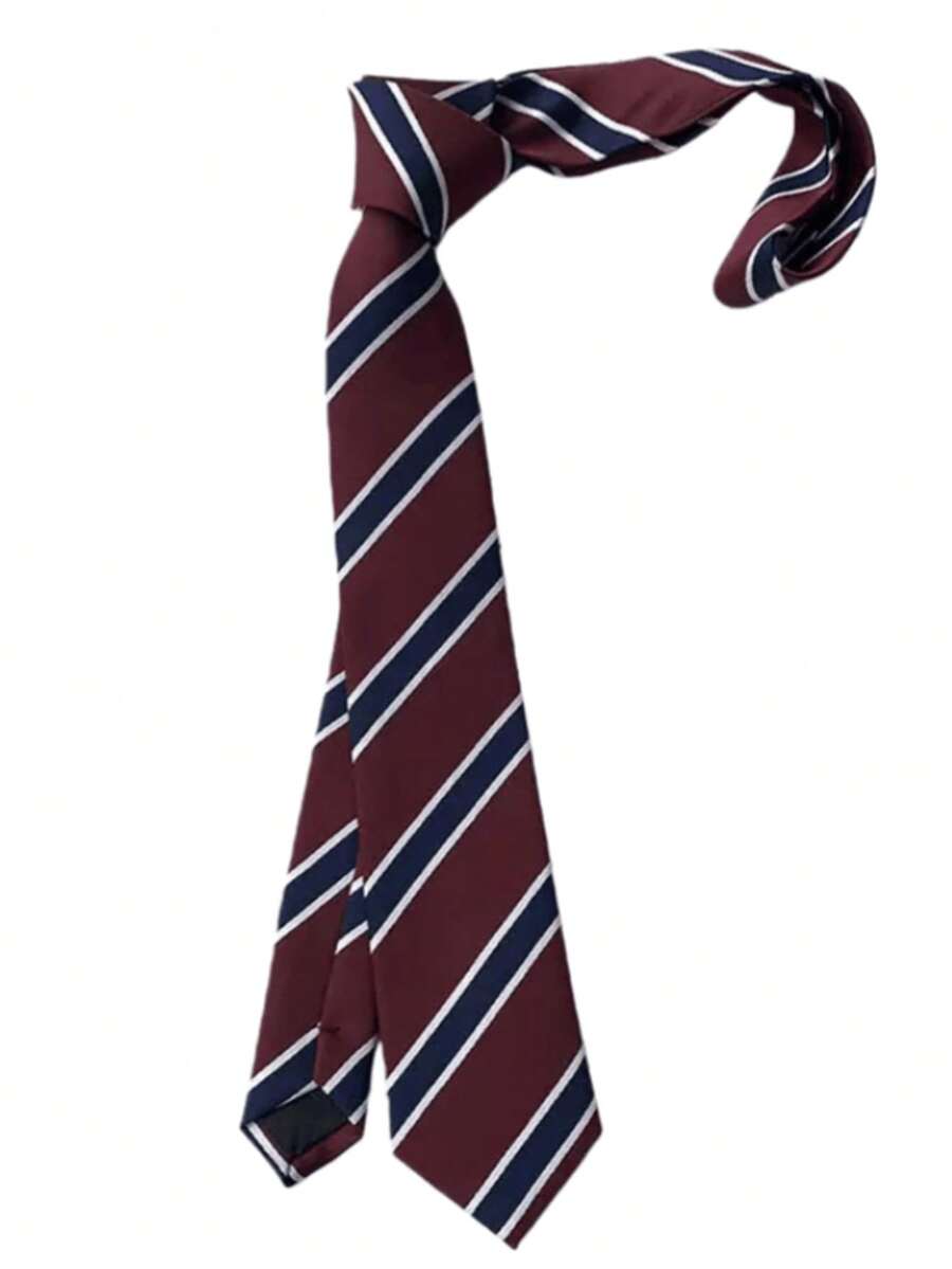 1条女士学院风酒红色条纹领带，适合搭配衬衫作为礼物 - 酒紅色 - 查看 1