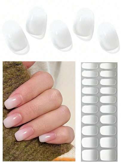 20pcs Milk Jelly White Semi-Cured Gel Nail Stickers, Fashionable Color, Long-Lasting Full Coverage Gel Nail Sticker