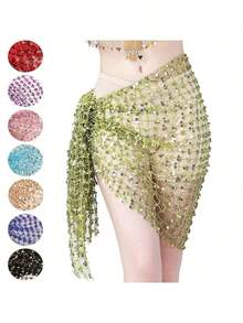 Women's Hollow Belly Dance Scarf Women's Belly Dance Tassel Skirt Clothing Accessories Sequins Short Skirt - 水果綠 - 查看 12
