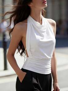 Elegant White Halter Ruched Crop Top - Women's Spring Summer Cowl Neck Sleeveless Backless Tie Back Stretchy Slim Fit Top For Party Vacation Business Wedding Easter - White - View 9