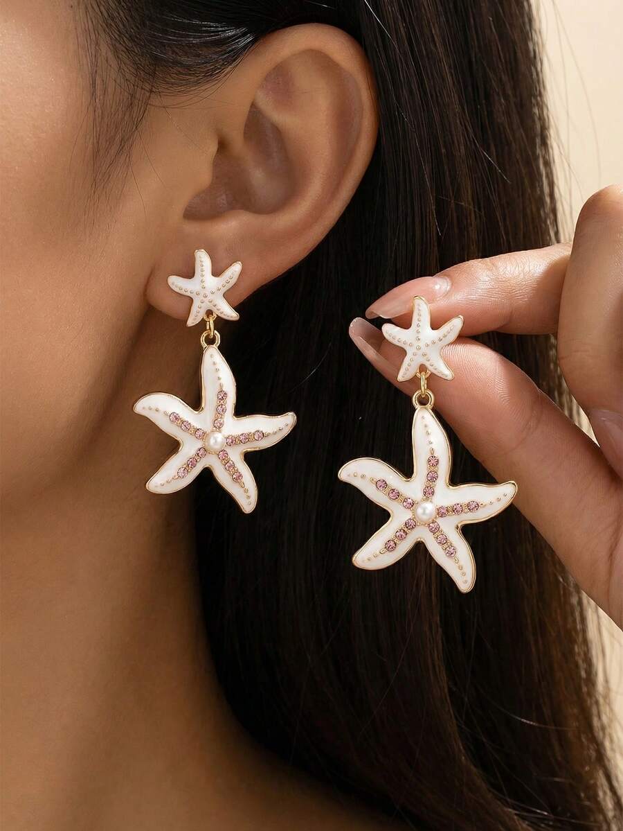 1 Đôi bông tai hình sao biển lấp lánh, sang trọng, thiết kế độc đáo hình vỏ sò, phù hợp cho tiệc tùng, làm quà tặng hoặc đeo hàng ngày. - trắng - Xem 1