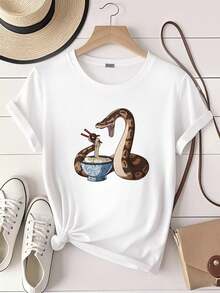 Women T-Shirt Print Funny Ramen Snake Ball Python T-Shirt S- 4XL - White - View 6