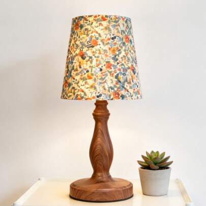 1个LED木纹金属台灯，复古褶皱布艺灯罩，柔和光线，北欧、意式风格，乡村风客厅卧室现代简约阅读学习桌灯，个性化创意简约，暖光装饰多用途暖光露营浪漫优雅氛围床头夜灯