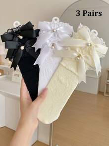 1/3 Pairs Spring/Summer Thin Knee-High Socks, Ballerina Style Mid-Calf Socks, Lolita Bow Socks, Mesh Hollow Stockings, No-Show Socks, Lace Trim Straight Tube Socks - Multicolor - View 22