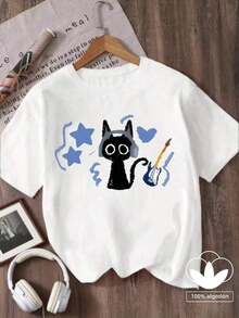 Camiseta para niña con estampados de gatos, estrellas y guitarras. Prenda informal de cuello redondo y manga corta. Tejido 100 % algodón con motivos de dibujos animados. Ideal para primavera y verano - Blanco - Ver 5