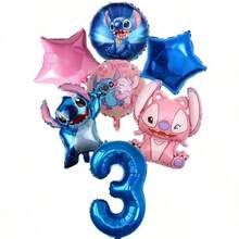 Stitch Themed Birthday Number Balloon Set, Includes Blue Number Foil Balloons And Angel Character Decorations, Suitable For Cartoon Party Celebrations, Friend Gatherings - Multicolor - View 15
