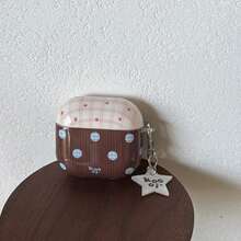 Brown Striped Polka Dot + Star Pendant Earphone Case Compatible With Apple Pro3/Pro2/AirPods4/AirPods3/AirPods2, Fashionable Women Earphone Case, Minimalist Earphone Case, Apple Earphone Case, Apple Earphone Cover - Brown - View 7