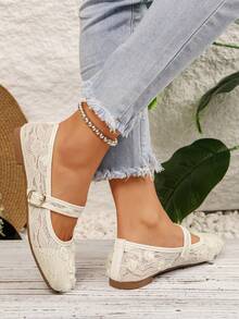 Giày bệt Mary Jane nữ, mũi vuông, kiểu dáng thanh lịch Trung Quốc mới, kèm khăn voan lưới, viền ren thời trang, phù hợp cho các buổi họp mặt, tiệc tùng, đám cưới. - trắng - Xem 4