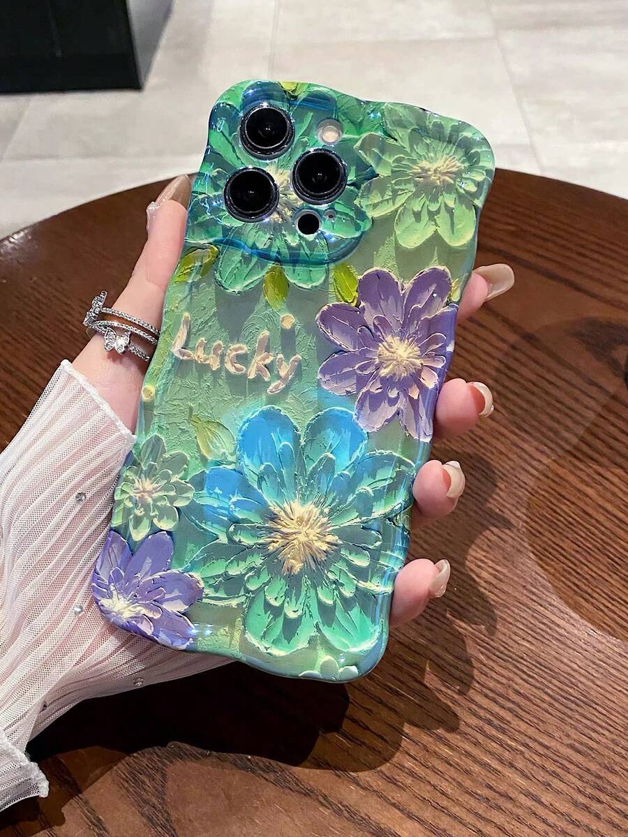 新款粉藍櫻花設計保護殼,相容 iPhone 16 Pro Max,全包覆波浪邊防摔手機殼,相容 iPhone 15 Pro、14 Plus、13、12、11,創意 Ins 風格女款 - 綠色 - 查看 1
