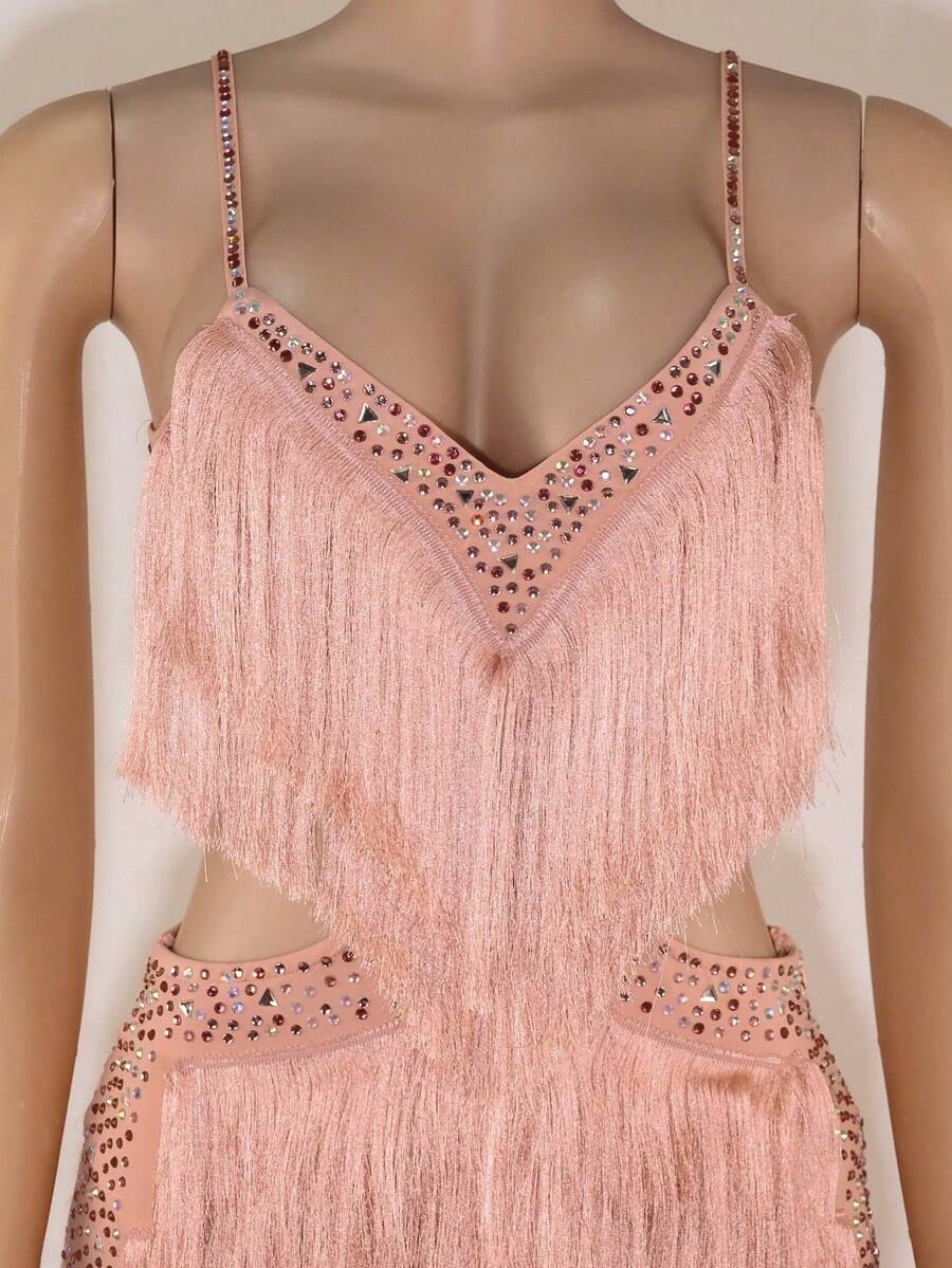 Bộ jumpsuit nữ Latin màu hồng đính đá lấp lánh, cổ chữ V sâu, kiểu yếm, cổ hình trái tim. Thích hợp cho tiệc tốt nghiệp/dạ hội mùa hè, tiệc cocktail sang trọng. - Màu Hồng baby - Xem 1
